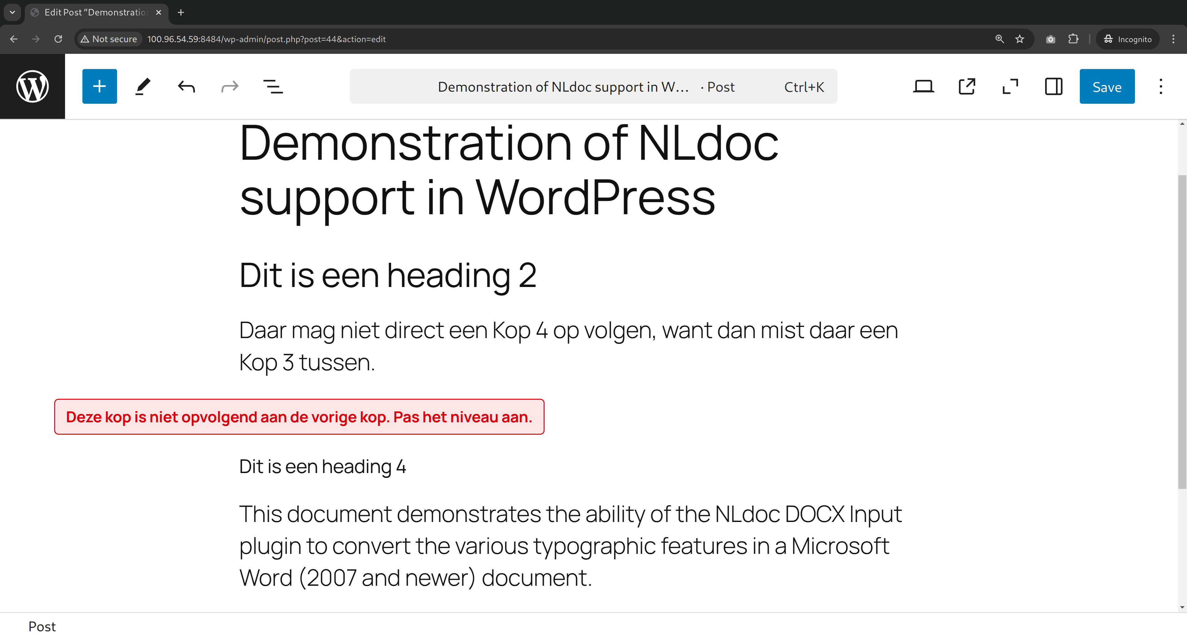 Weergave van integratie NLdoc binnen WordPress